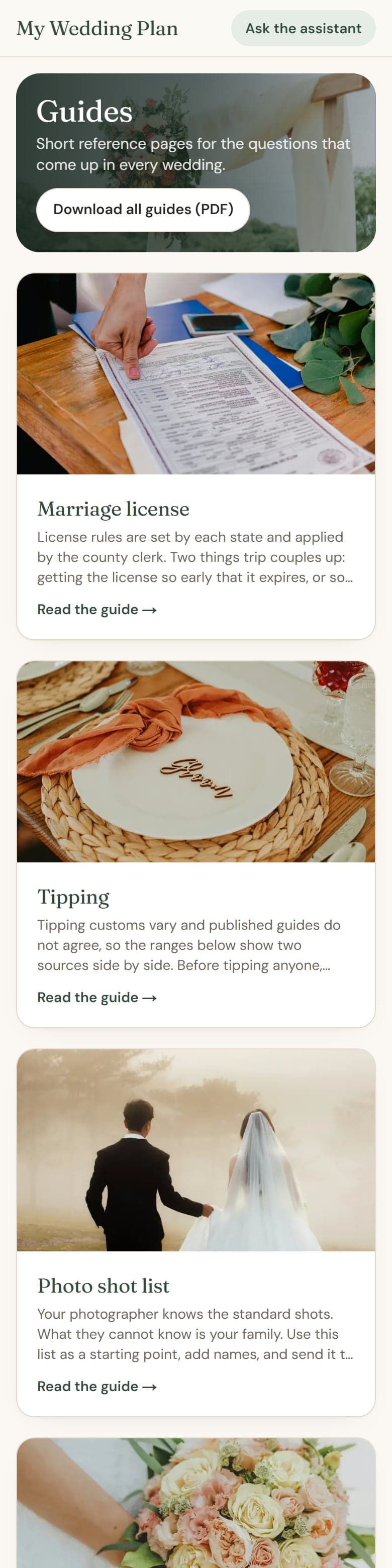 Guides screen with photo cards for each wedding guide