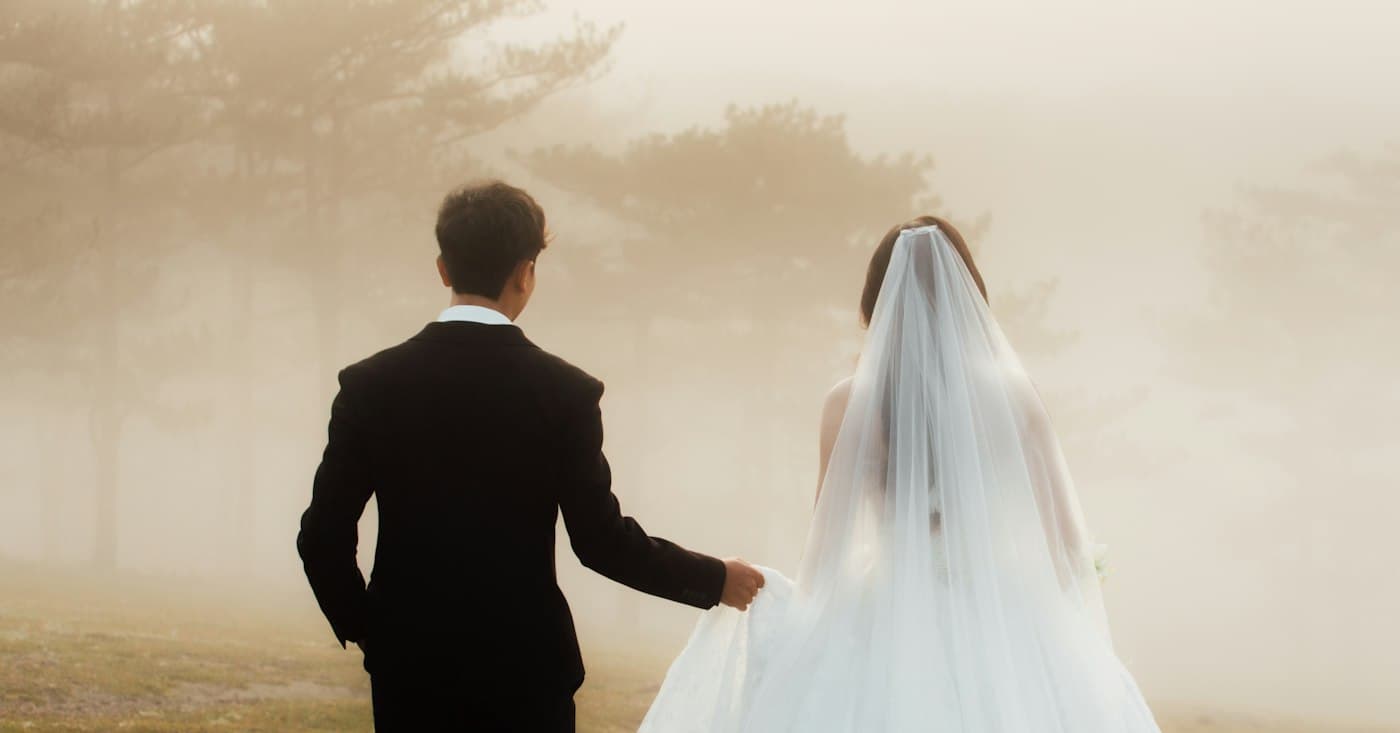 Bride and groom seen from behind, walking into a misty landscape